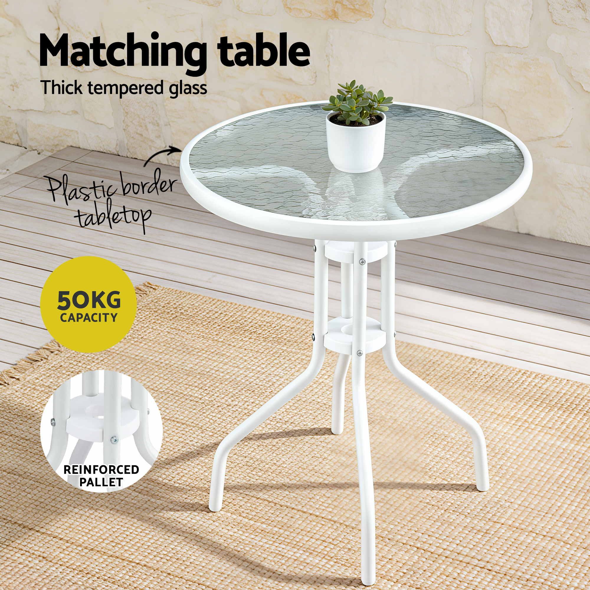 Gardeon 3PC Outdoor Bistro Set Table and Chairs Stackable Patio Furniture White FF-B-STA-AL80-WH