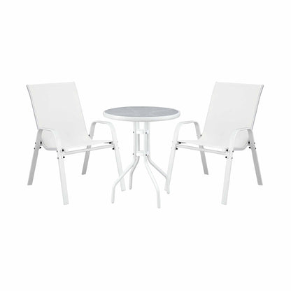Gardeon 3PC Outdoor Bistro Set Table and Chairs Stackable Patio Furniture White FF-B-STA-AL80-WH