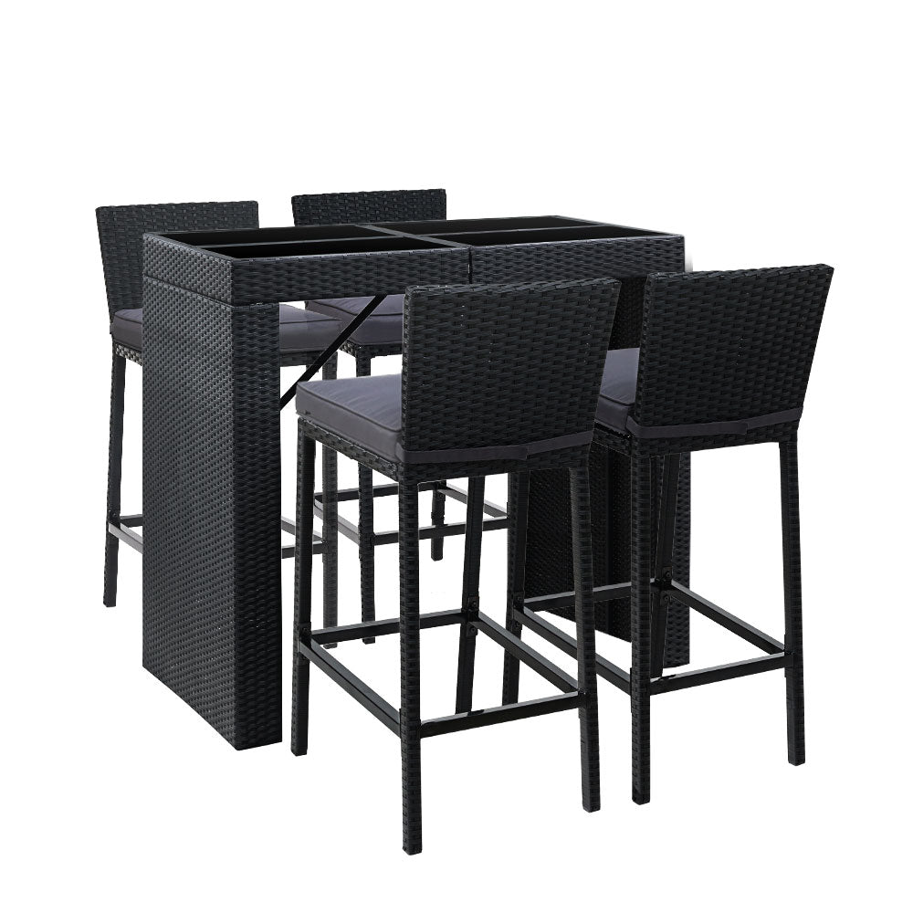 Gardeon 5-Piece Outdoor Bar Set Dining Table Stools Wicker Patio Setting FF-BARSET-BACK-BK-5AB
