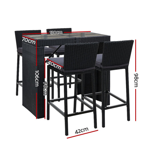 Gardeon 5-Piece Outdoor Bar Set Dining Table Stools Wicker Patio Setting FF-BARSET-BACK-BK-5AB