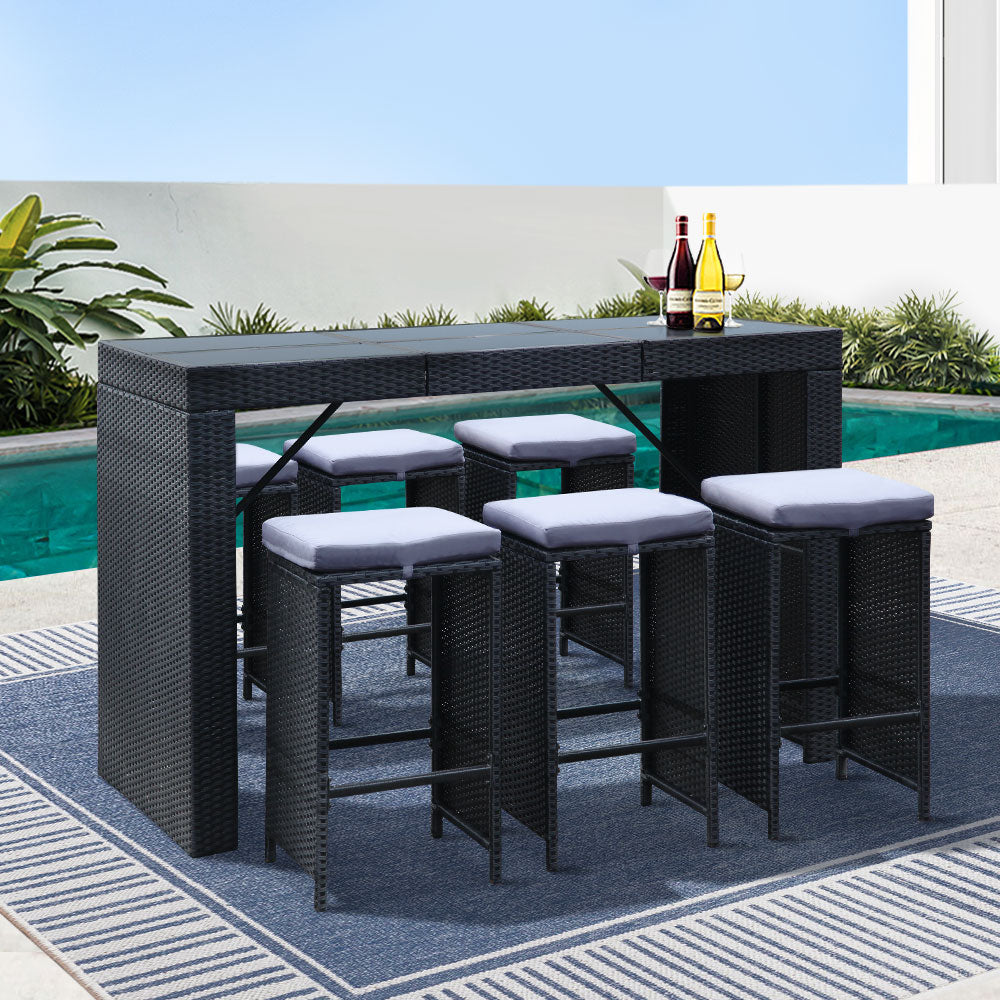 Gardeon 7-Piece Outdoor Bar Set Dining Table Stools Wicker Patio Setting FF-BARSET-BK-7ABC