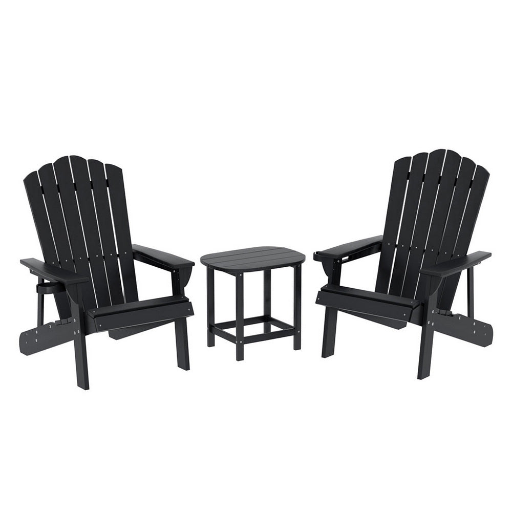 Gardeon Outdoor Table and Chairs HDPE Adirondack Beach Chair Sun Lounge Patio Furniture Garden Black FF-BEACH-3HE-BK