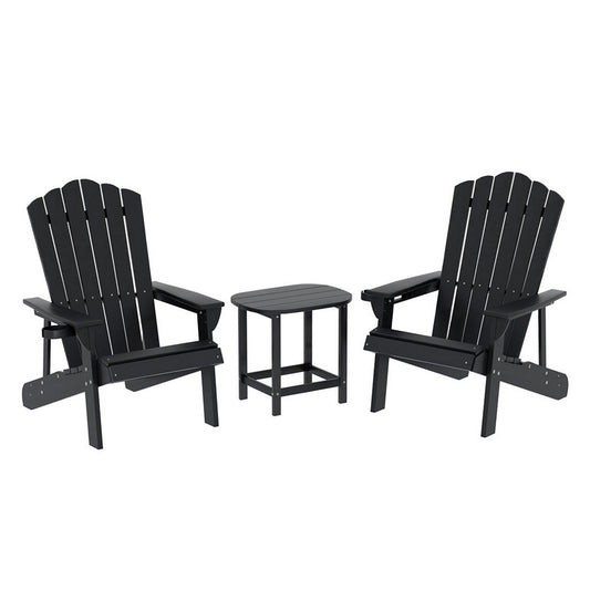 Gardeon Outdoor Table and Chairs HDPE Adirondack Beach Chair Sun Lounge Patio Furniture Garden Black FF-BEACH-3HE-BK