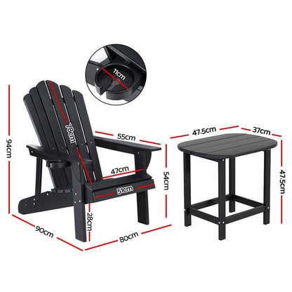 Gardeon Outdoor Table and Chairs HDPE Adirondack Beach Chair Sun Lounge Patio Furniture Garden Black FF-BEACH-3HE-BK