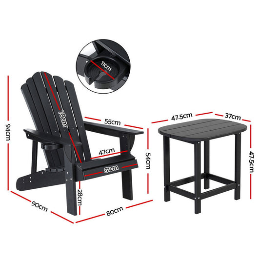 Gardeon Outdoor Table and Chairs HDPE Adirondack Beach Chair Sun Lounge Patio Furniture Garden Black FF-BEACH-3HE-BK