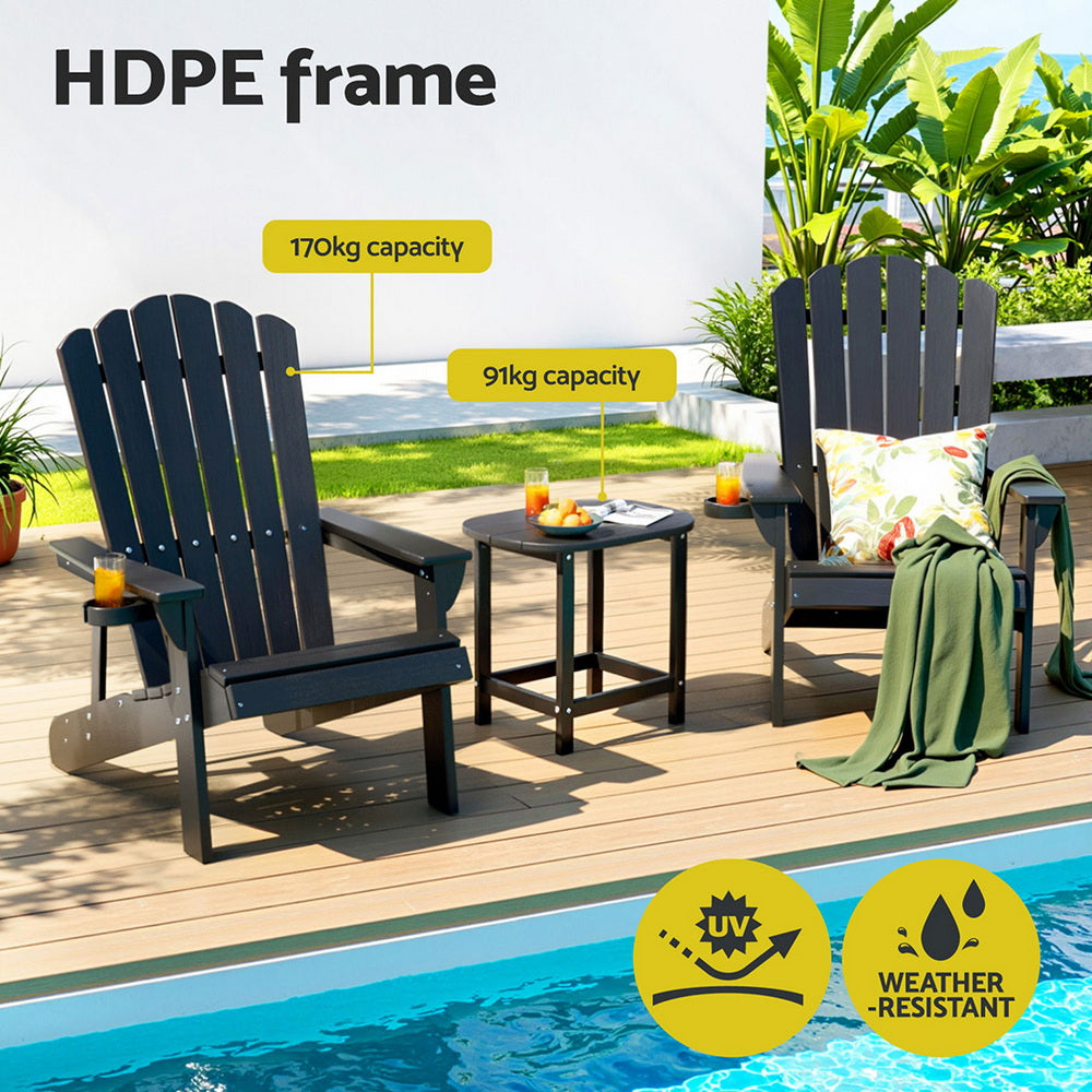 Gardeon Outdoor Table and Chairs HDPE Adirondack Beach Chair Sun Lounge Patio Furniture Garden Black FF-BEACH-3HE-BK