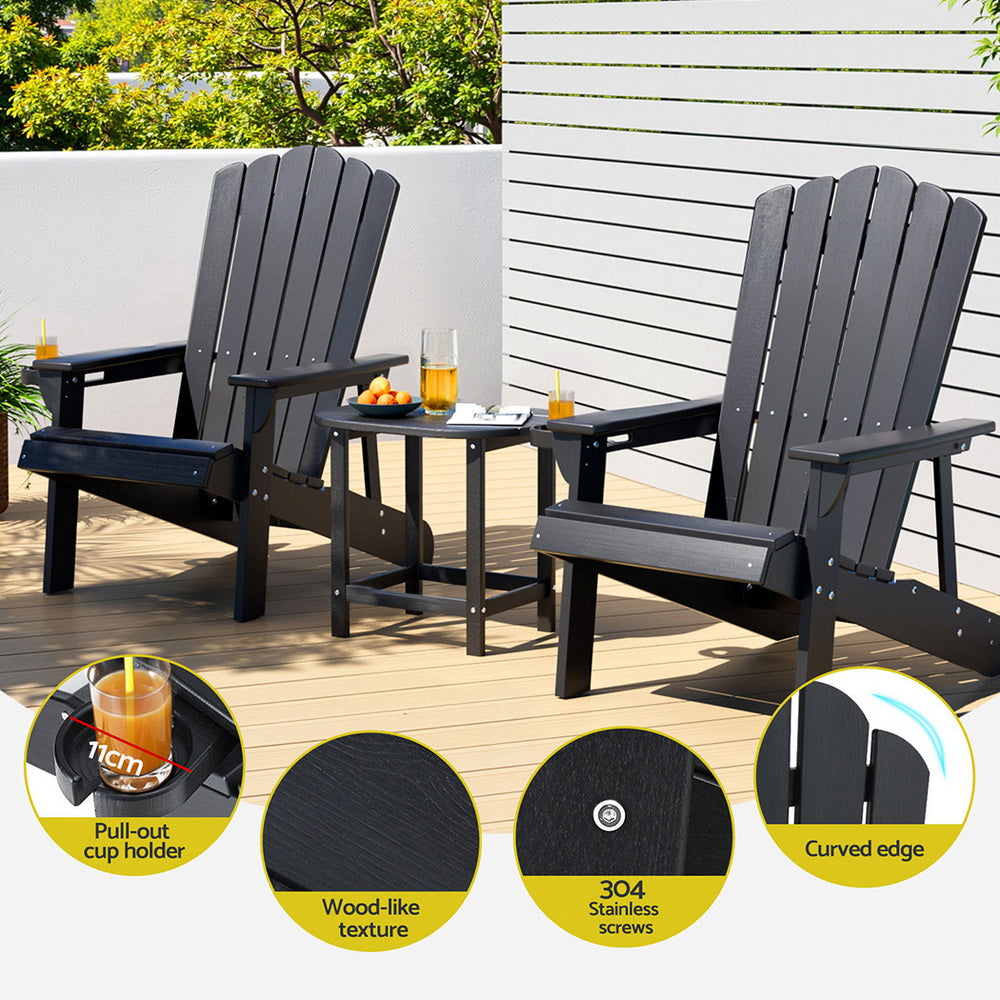 Gardeon Outdoor Table and Chairs HDPE Adirondack Beach Chair Sun Lounge Patio Furniture Garden Black FF-BEACH-3HE-BK