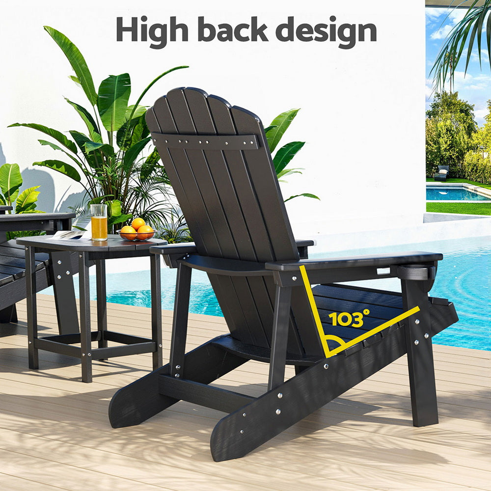 Gardeon Outdoor Table and Chairs HDPE Adirondack Beach Chair Sun Lounge Patio Furniture Garden Black FF-BEACH-3HE-BK