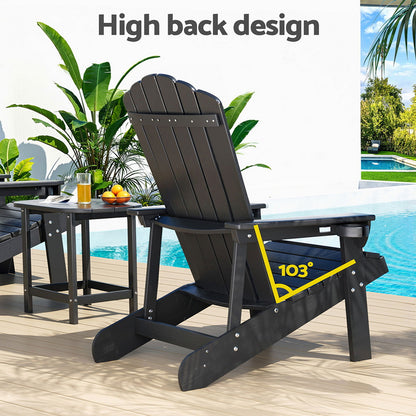 Gardeon Outdoor Table and Chairs HDPE Adirondack Beach Chair Sun Lounge Patio Furniture Garden Black FF-BEACH-3HE-BK