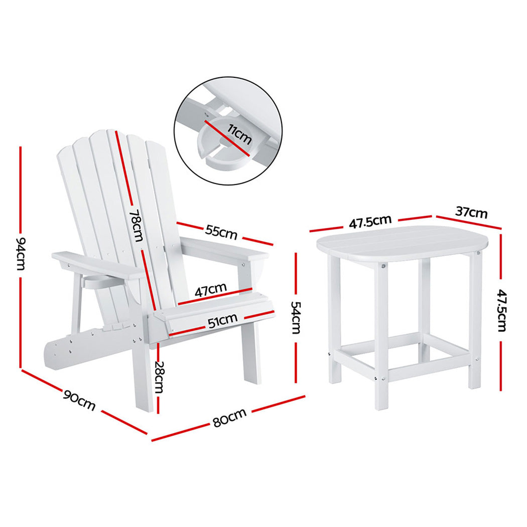 Gardeon Outdoor Table and Chairs HDPE Adirondack Beach Chair Sun Lounge Patio Furniture Garden White FF-BEACH-3HE-WH