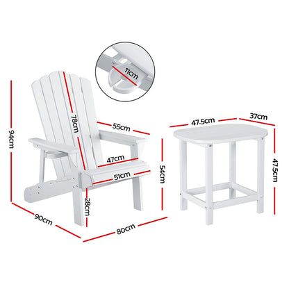 Gardeon Outdoor Table and Chairs HDPE Adirondack Beach Chair Sun Lounge Patio Furniture Garden White FF-BEACH-3HE-WH