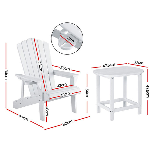 Gardeon Outdoor Table and Chairs HDPE Adirondack Beach Chair Sun Lounge Patio Furniture Garden White