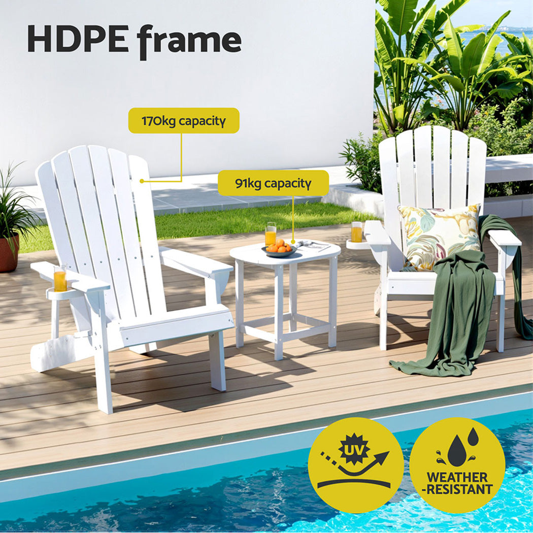 Gardeon Outdoor Table and Chairs HDPE Adirondack Beach Chair Sun Lounge Patio Furniture Garden White FF-BEACH-3HE-WH