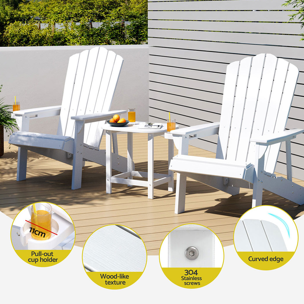 Gardeon Outdoor Table and Chairs HDPE Adirondack Beach Chair Sun Lounge Patio Furniture Garden White FF-BEACH-3HE-WH