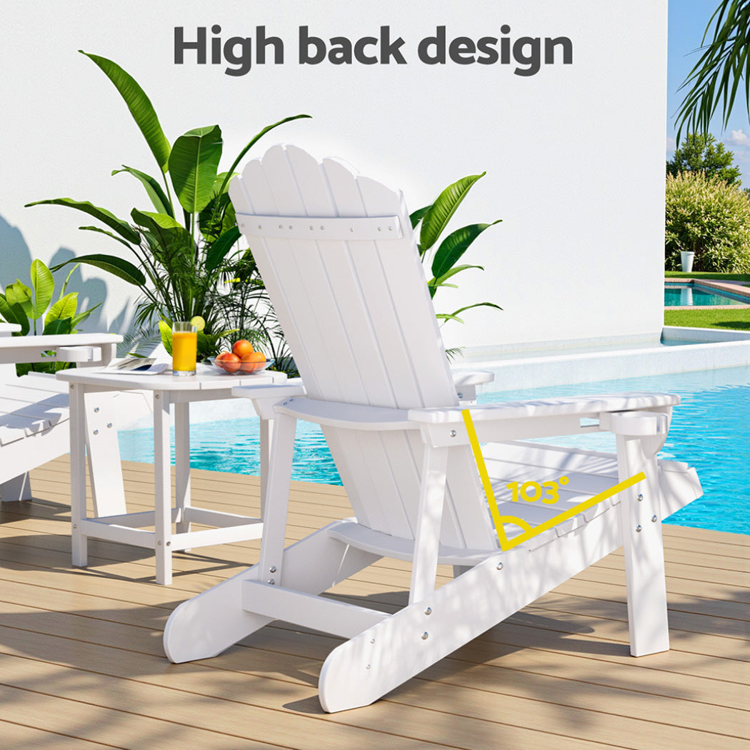 Gardeon Outdoor Table and Chairs HDPE Adirondack Beach Chair Sun Lounge Patio Furniture Garden White FF-BEACH-3HE-WH