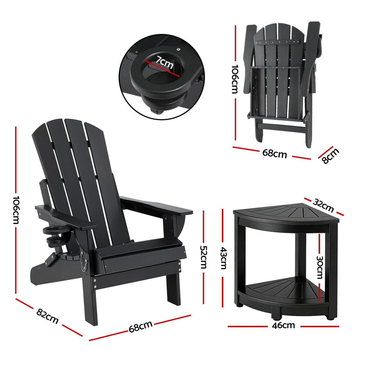 Gardeon Outdoor Table and Chairs HDPE Folding Adirondack Beach Chair Patio Furniture Black FF-BEACH-3HEFD-BK