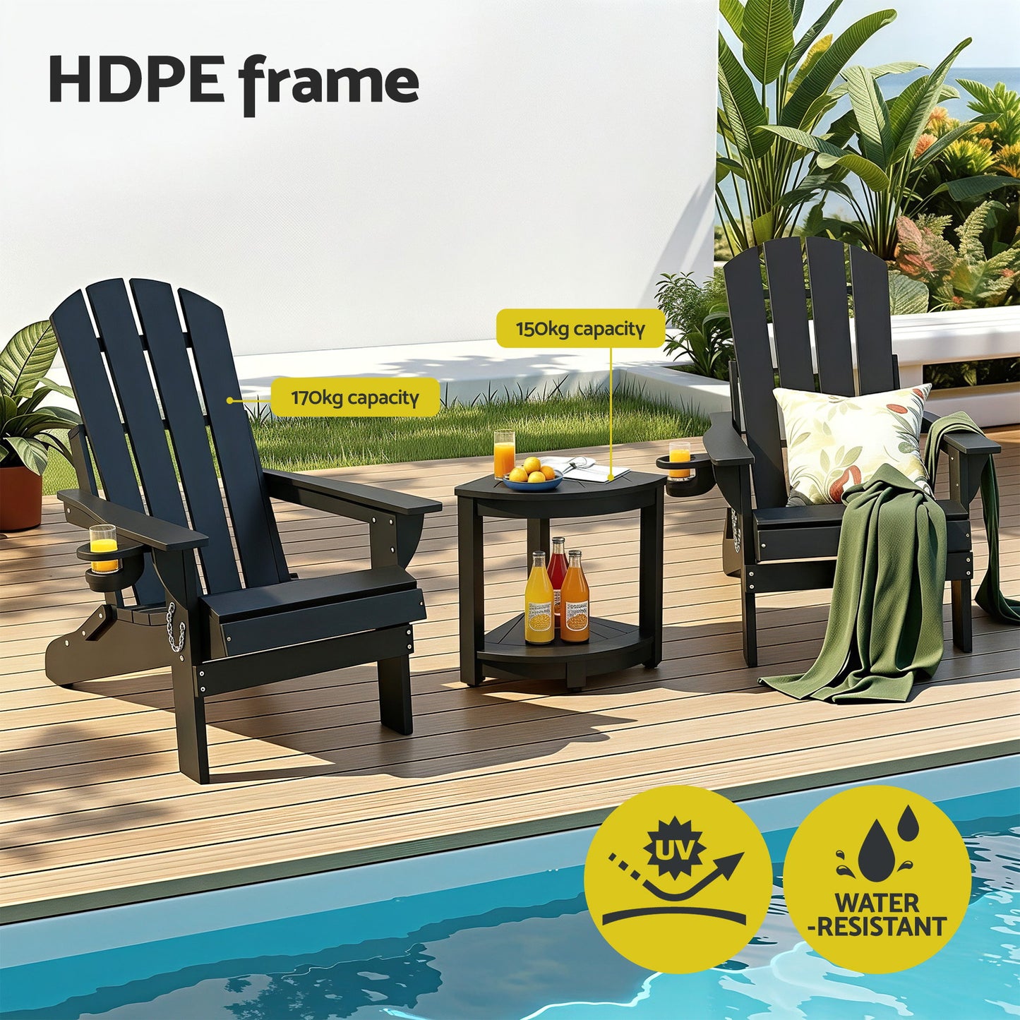 Gardeon Outdoor Table and Chairs HDPE Folding Adirondack Beach Chair Patio Furniture Black FF-BEACH-3HEFD-BK