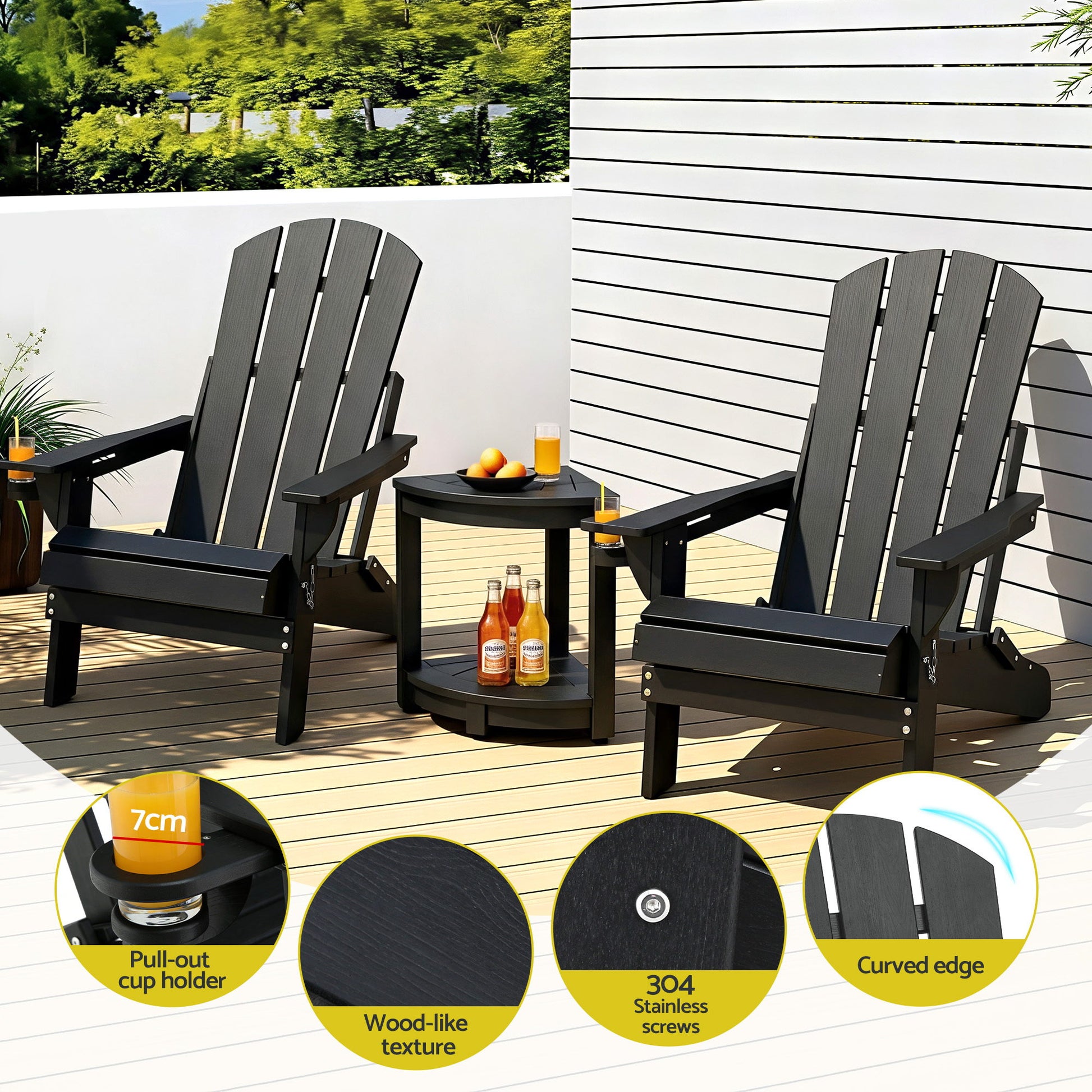 Gardeon Outdoor Table and Chairs HDPE Folding Adirondack Beach Chair Patio Furniture Black FF-BEACH-3HEFD-BK