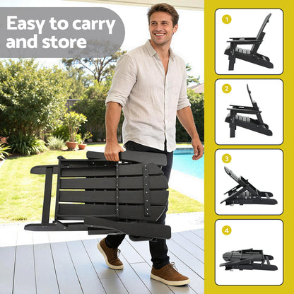 Gardeon Outdoor Table and Chairs HDPE Folding Adirondack Beach Chair Patio Furniture Black FF-BEACH-3HEFD-BK