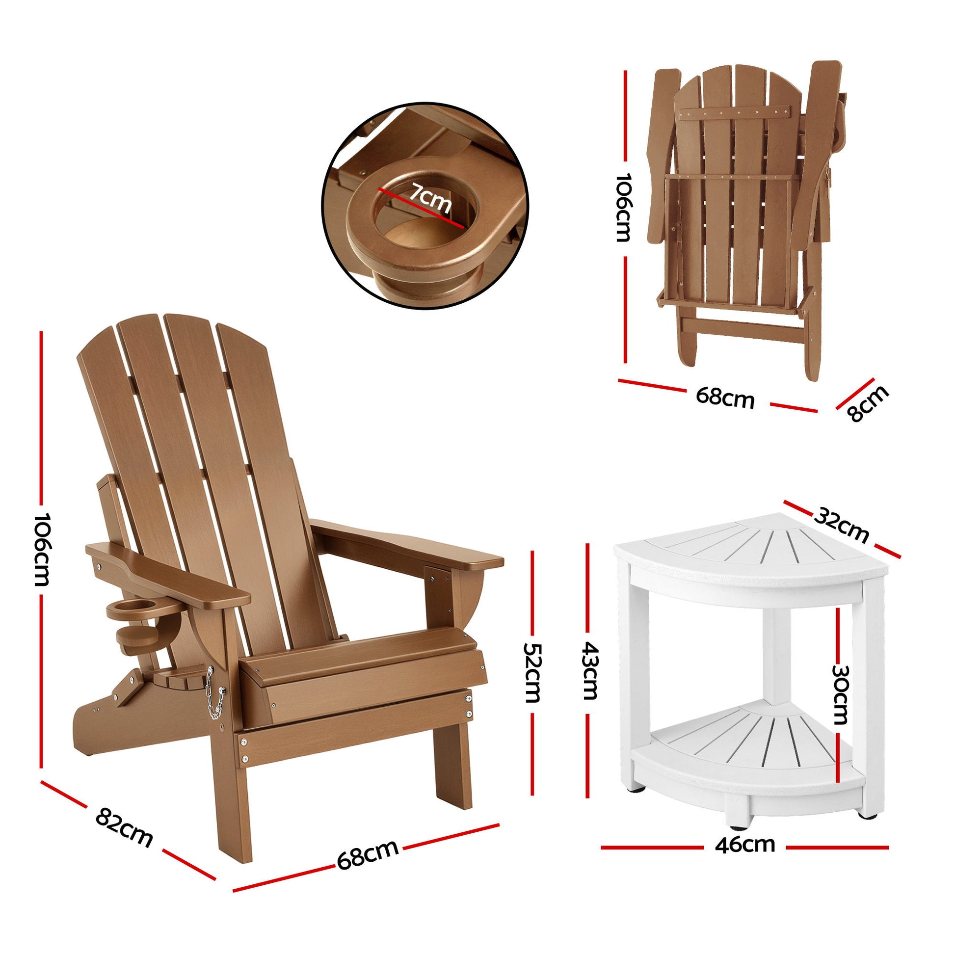 Gardeon Outdoor Table and Chairs HDPE Folding Adirondack Beach Chair Patio Furniture FF-BEACH-3HEFD-BR