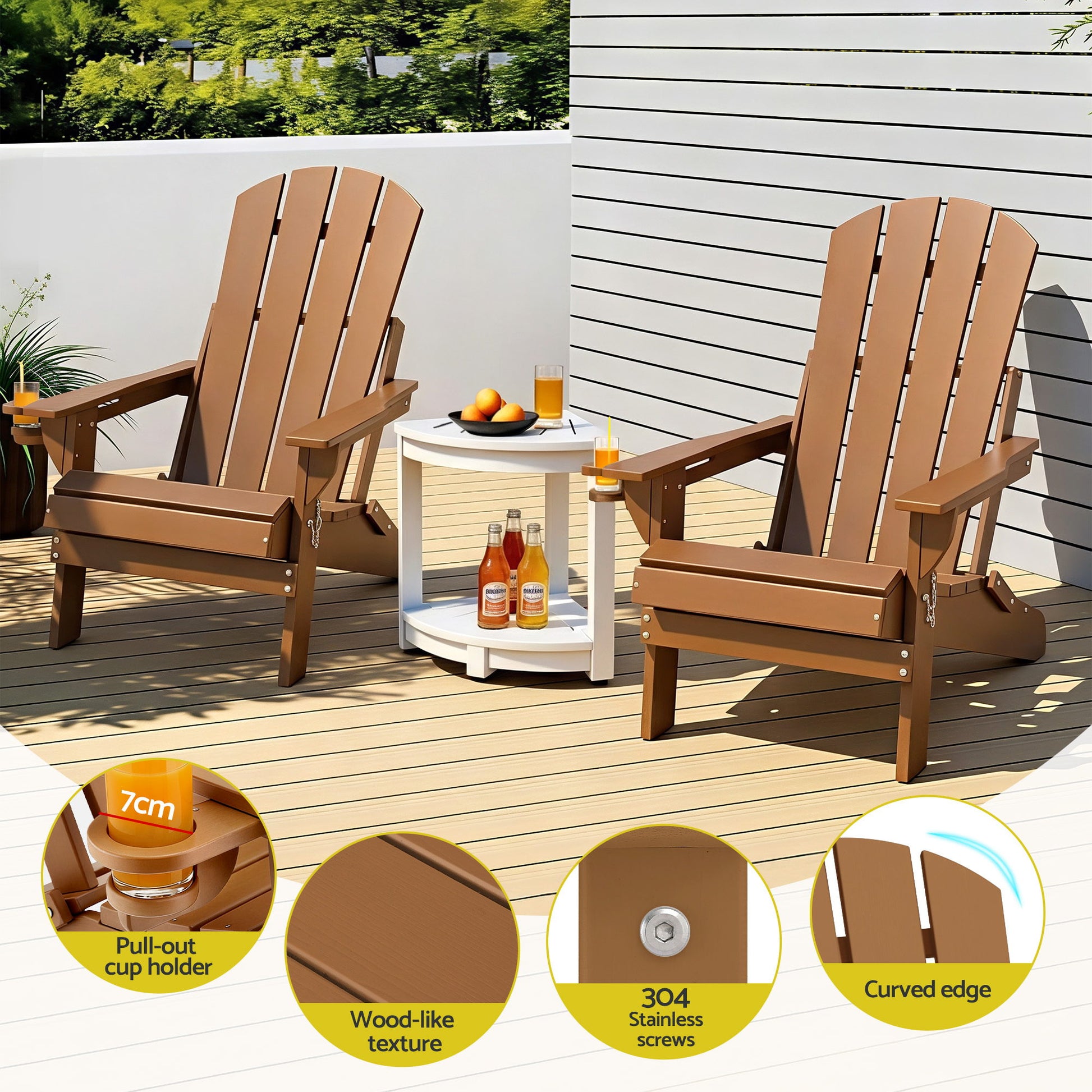 Gardeon Outdoor Table and Chairs HDPE Folding Adirondack Beach Chair Patio Furniture FF-BEACH-3HEFD-BR