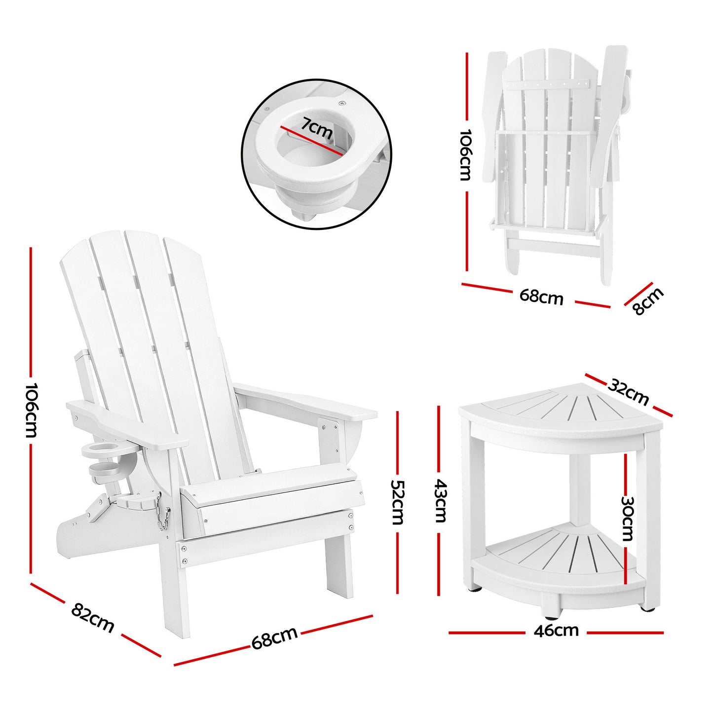 Gardeon Outdoor Table and Chairs HDPE Folding Adirondack Beach Chair Patio Furniture White FF-BEACH-3HEFD-WH