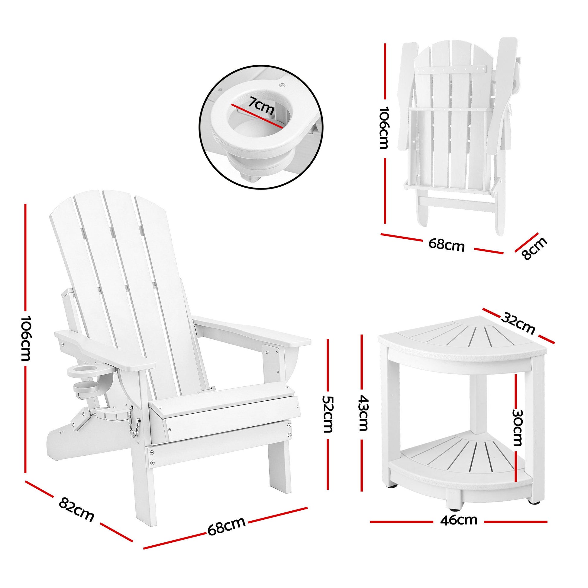Gardeon Outdoor Table and Chairs HDPE Folding Adirondack Beach Chair Patio Furniture White FF-BEACH-3HEFD-WH