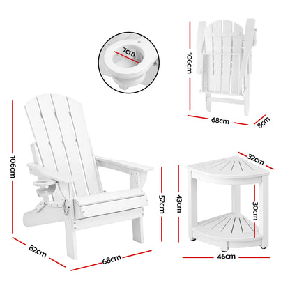 Gardeon Outdoor Table and Chairs HDPE Folding Adirondack Beach Chair Patio Furniture White FF-BEACH-3HEFD-WH