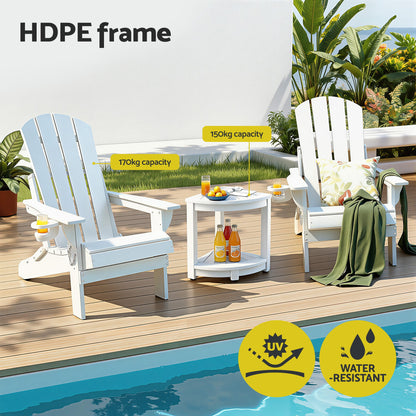 Gardeon Outdoor Table and Chairs HDPE Folding Adirondack Beach Chair Patio Furniture White FF-BEACH-3HEFD-WH