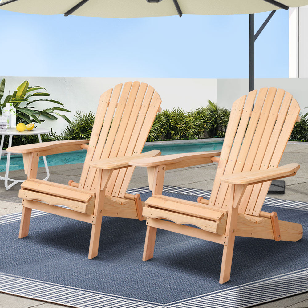 Gardeon Adirondack Outdoor Chairs Wooden Beach Chair Patio Furniture Garden Natural Set of 2 FF-BEACH-CHAIR-NTLX2