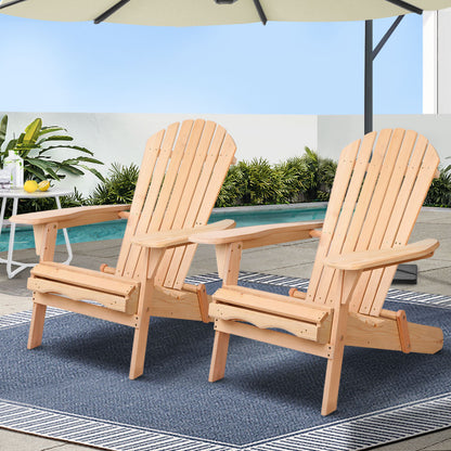 Gardeon Adirondack Outdoor Chairs Wooden Beach Chair Patio Furniture Garden Natural Set of 2 FF-BEACH-CHAIR-NTLX2