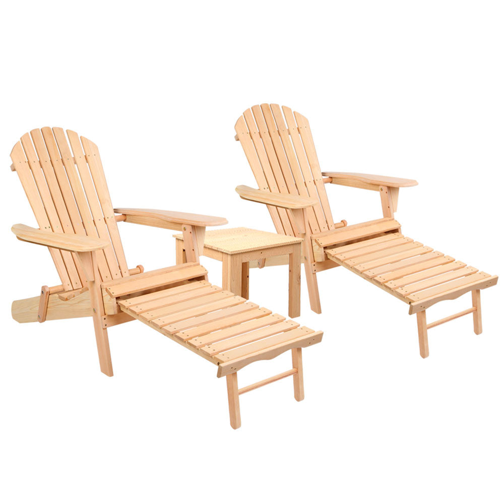 Gardeon 3PC Adirondack Outdoor Table and Chairs? Wooden Sun Lounge Beach Patio Natural FF-BEACH-CHOT-3NTL