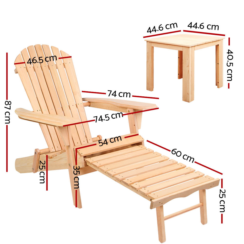 Gardeon 3PC Adirondack Outdoor Table and Chairs? Wooden Sun Lounge Beach Patio Natural FF-BEACH-CHOT-3NTL