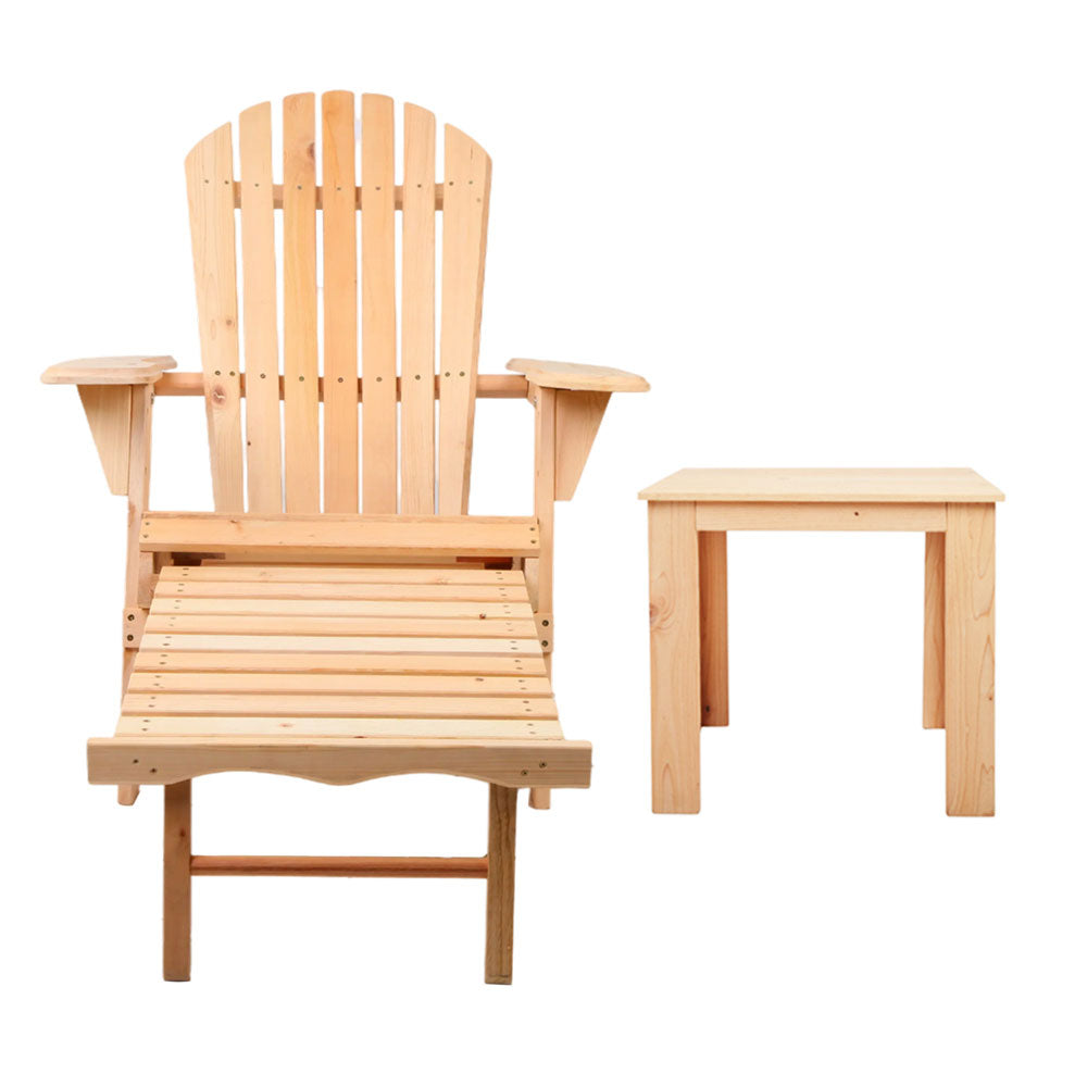 Gardeon 3PC Adirondack Outdoor Table and Chairs? Wooden Sun Lounge Beach Patio Natural FF-BEACH-CHOT-3NTL