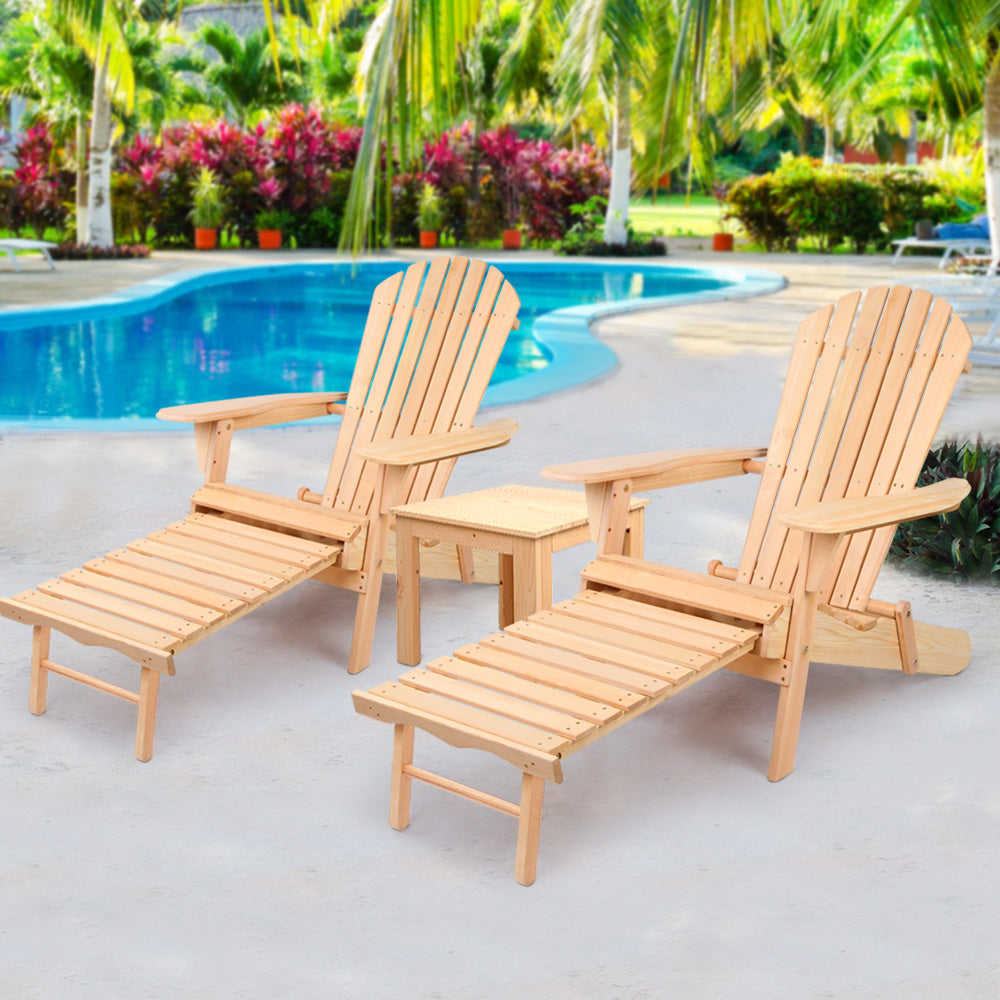 Gardeon 3PC Adirondack Outdoor Table and Chairs? Wooden Sun Lounge Beach Patio Natural FF-BEACH-CHOT-3NTL