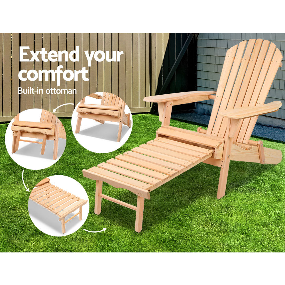 Gardeon 3PC Adirondack Outdoor Table and Chairs? Wooden Sun Lounge Beach Patio Natural FF-BEACH-CHOT-3NTL