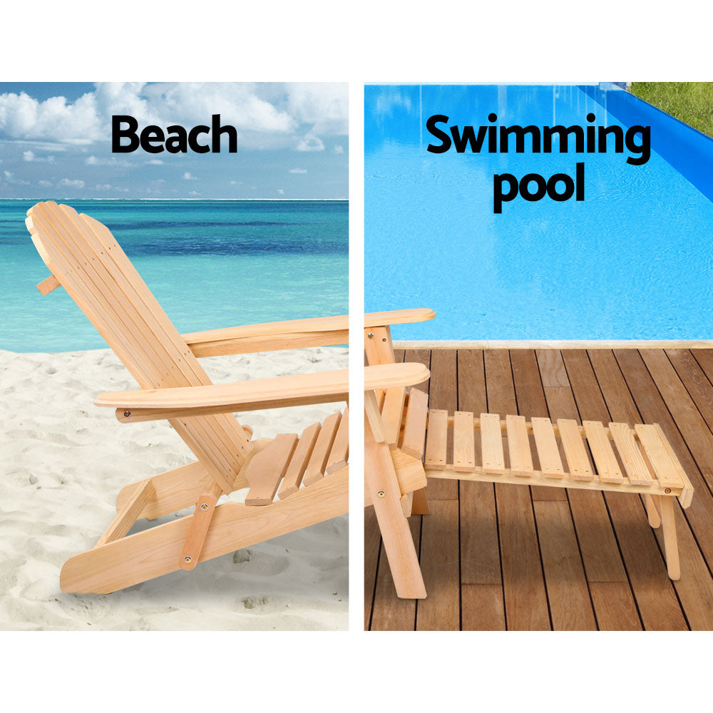 Gardeon 3PC Adirondack Outdoor Table and Chairs? Wooden Sun Lounge Beach Patio Natural FF-BEACH-CHOT-3NTL