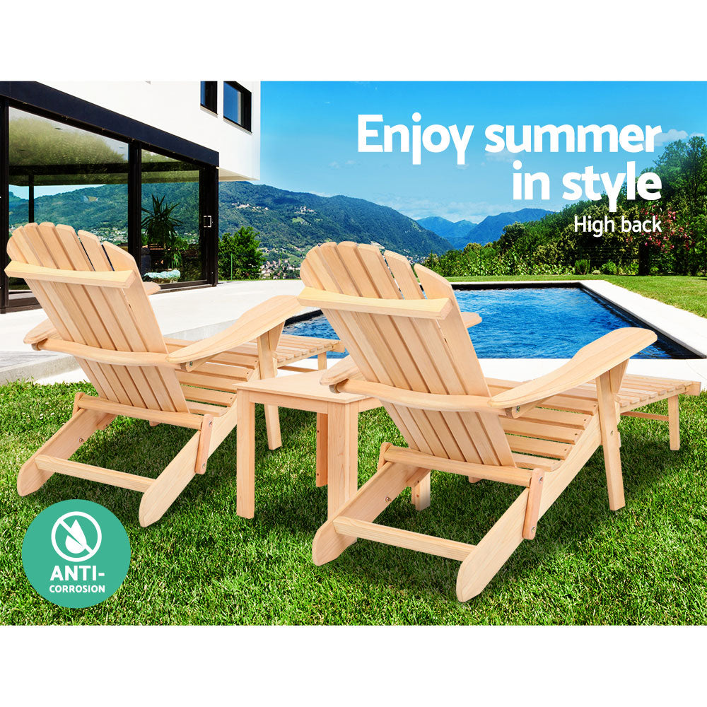 Gardeon 3PC Adirondack Outdoor Table and Chairs? Wooden Sun Lounge Beach Patio Natural FF-BEACH-CHOT-3NTL