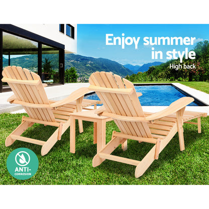 Gardeon 3PC Adirondack Outdoor Table and Chairs? Wooden Sun Lounge Beach Patio Natural FF-BEACH-CHOT-3NTL