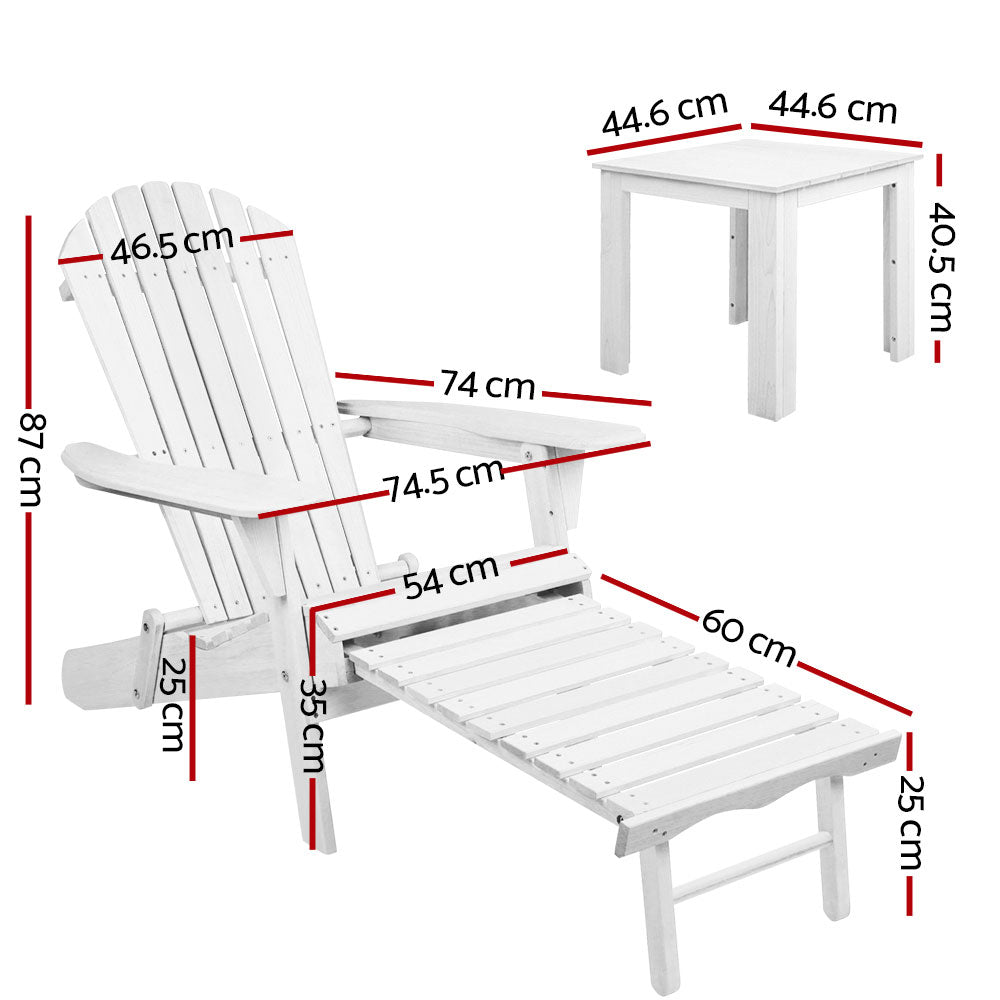 Gardeon 3PC Adirondack Outdoor Table and Chairs Wooden Sun Lounge Beach Patio White FF-BEACH-CHOT-3WH