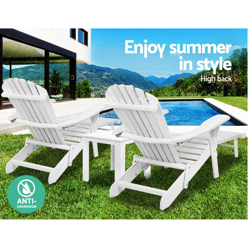 Gardeon 3PC Adirondack Outdoor Table and Chairs Wooden Sun Lounge Beach Patio White FF-BEACH-CHOT-3WH