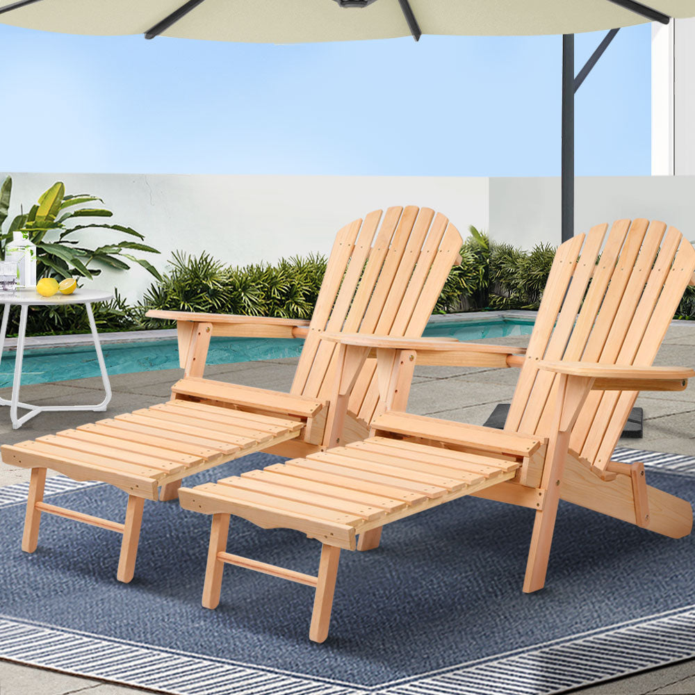 Gardeon 2PC Adirondack Outdoor Chairs Wooden Sun Lounge Patio Furniture Garden Natural FF-BEACH-CHOTTO-NTL-2X
