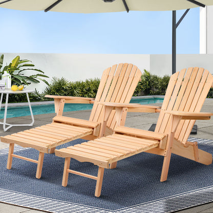 Gardeon 2PC Adirondack Outdoor Chairs Wooden Sun Lounge Patio Furniture Garden Natural FF-BEACH-CHOTTO-NTL-2X