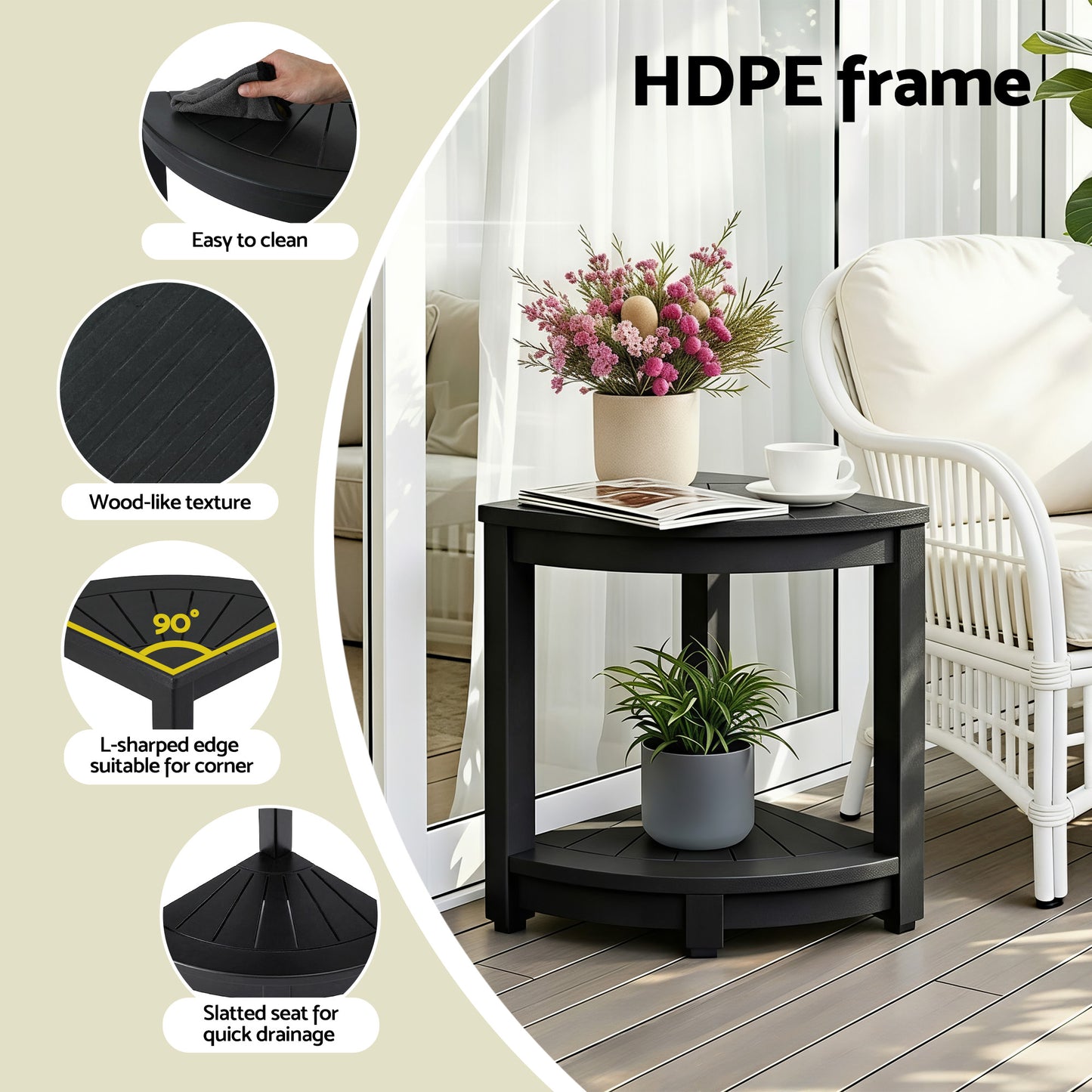 Gardeon Outdoor Coffee Side Table HDPE Desk Corner Shower Stool Bench Seat with Storage Shelf Black FF-BEACH-DESK-HECOR-BK