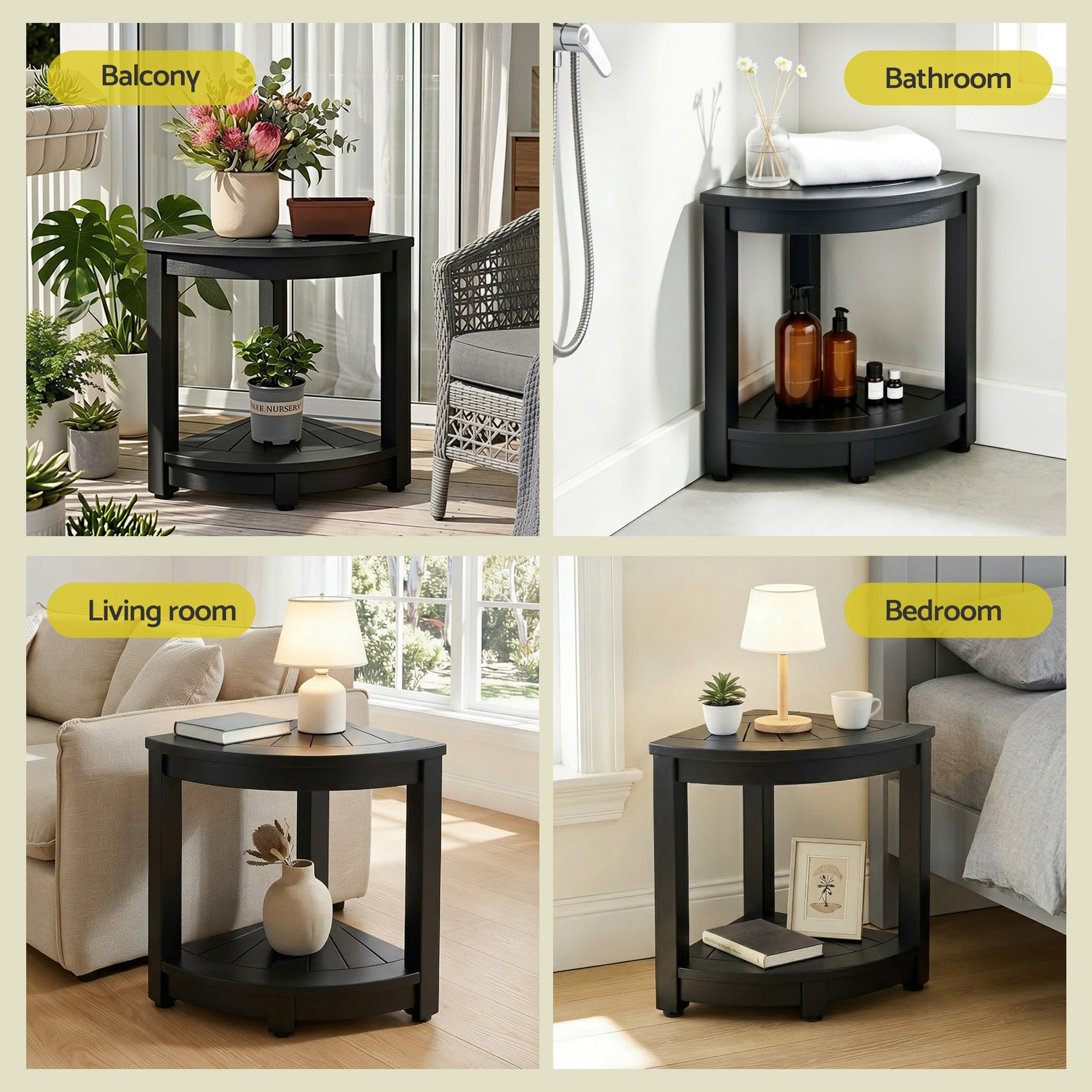 Gardeon Outdoor Coffee Side Table HDPE Desk Corner Shower Stool Bench Seat with Storage Shelf Black FF-BEACH-DESK-HECOR-BK