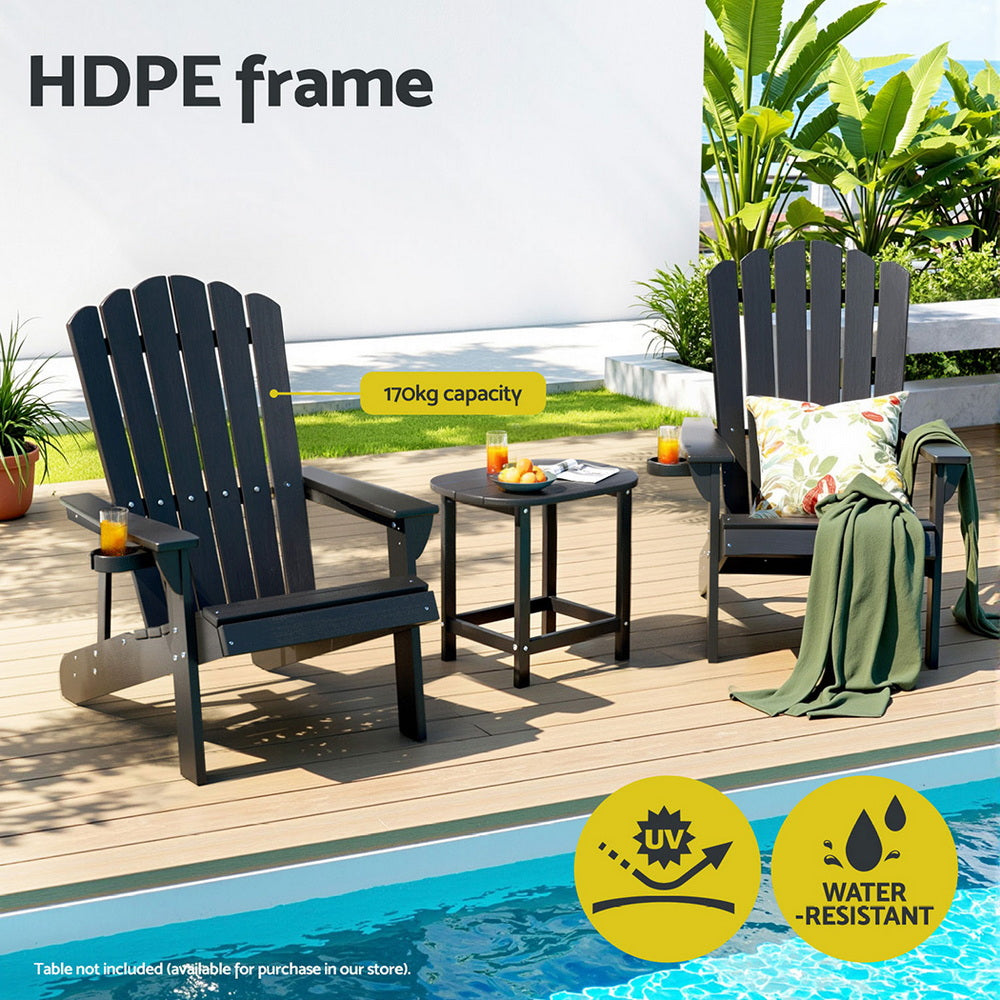 Gardeon Outdoor Chairs HDPE Adirondack Beach Chair Sun Lounge Patio Furniture Garden Black FF-BEACH-HE-BK