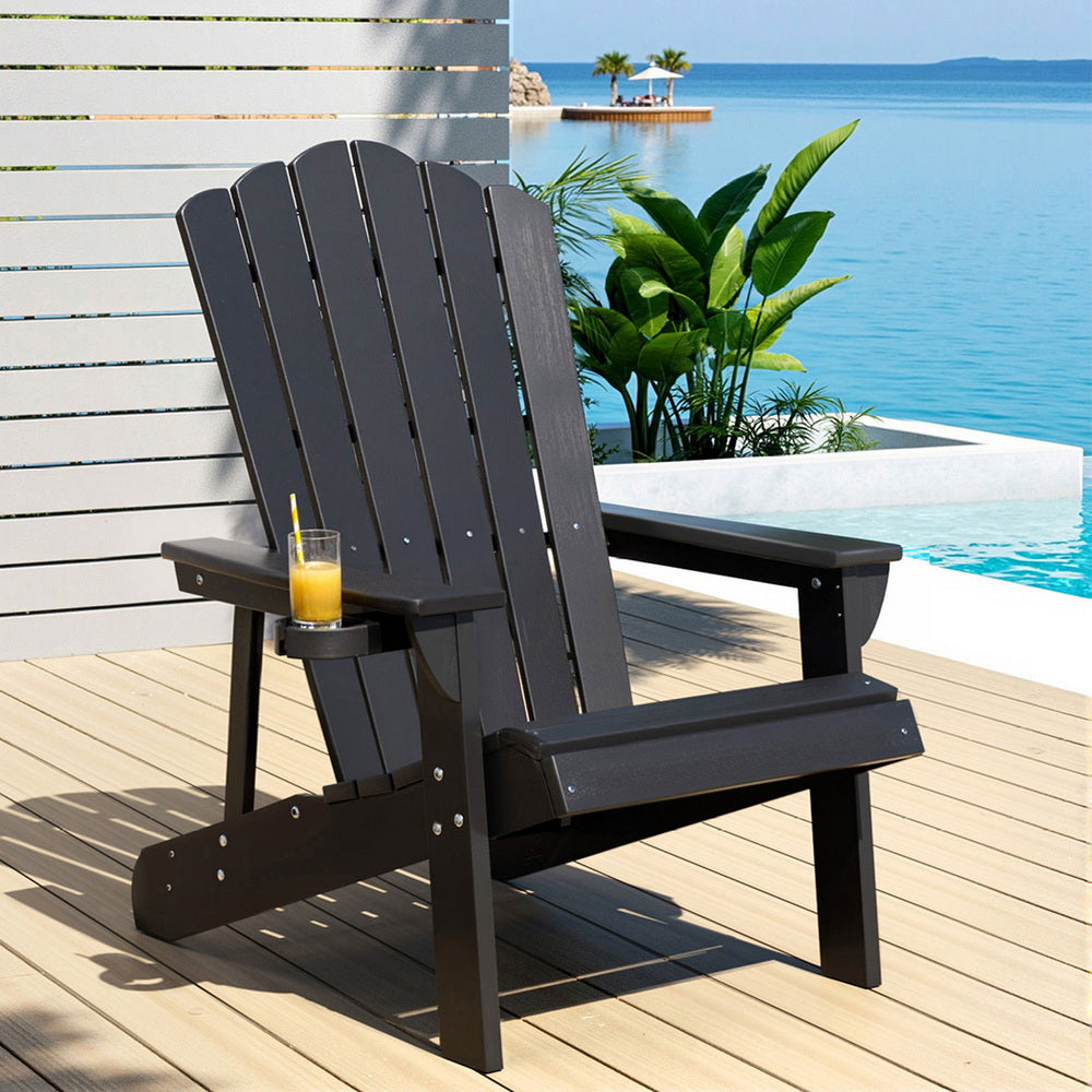 Gardeon Outdoor Chairs HDPE Adirondack Beach Chair Sun Lounge Patio Furniture Garden Black FF-BEACH-HE-BK