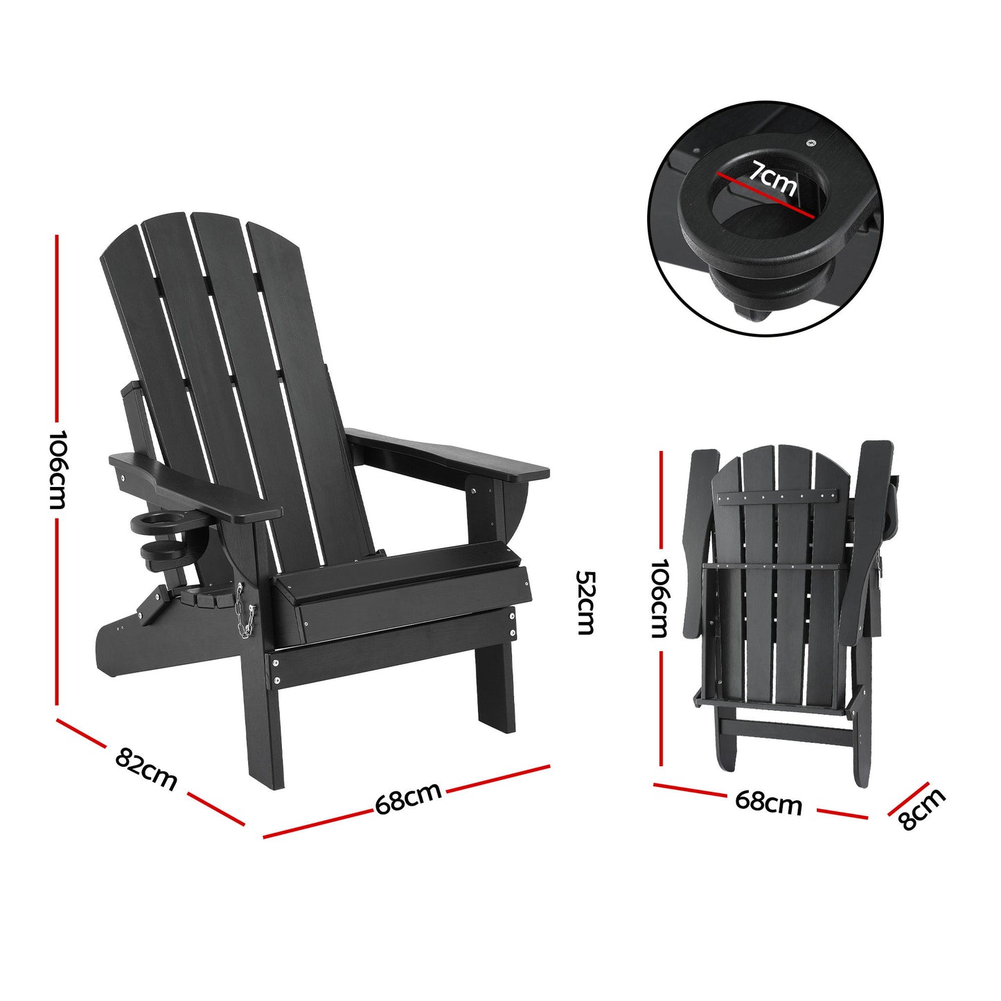 Gardeon Outdoor Chairs Folding Adirondack Beach Chair HDPE Sun Lounge Patio Furniture Garden Black FF-BEACH-HEFD-BK