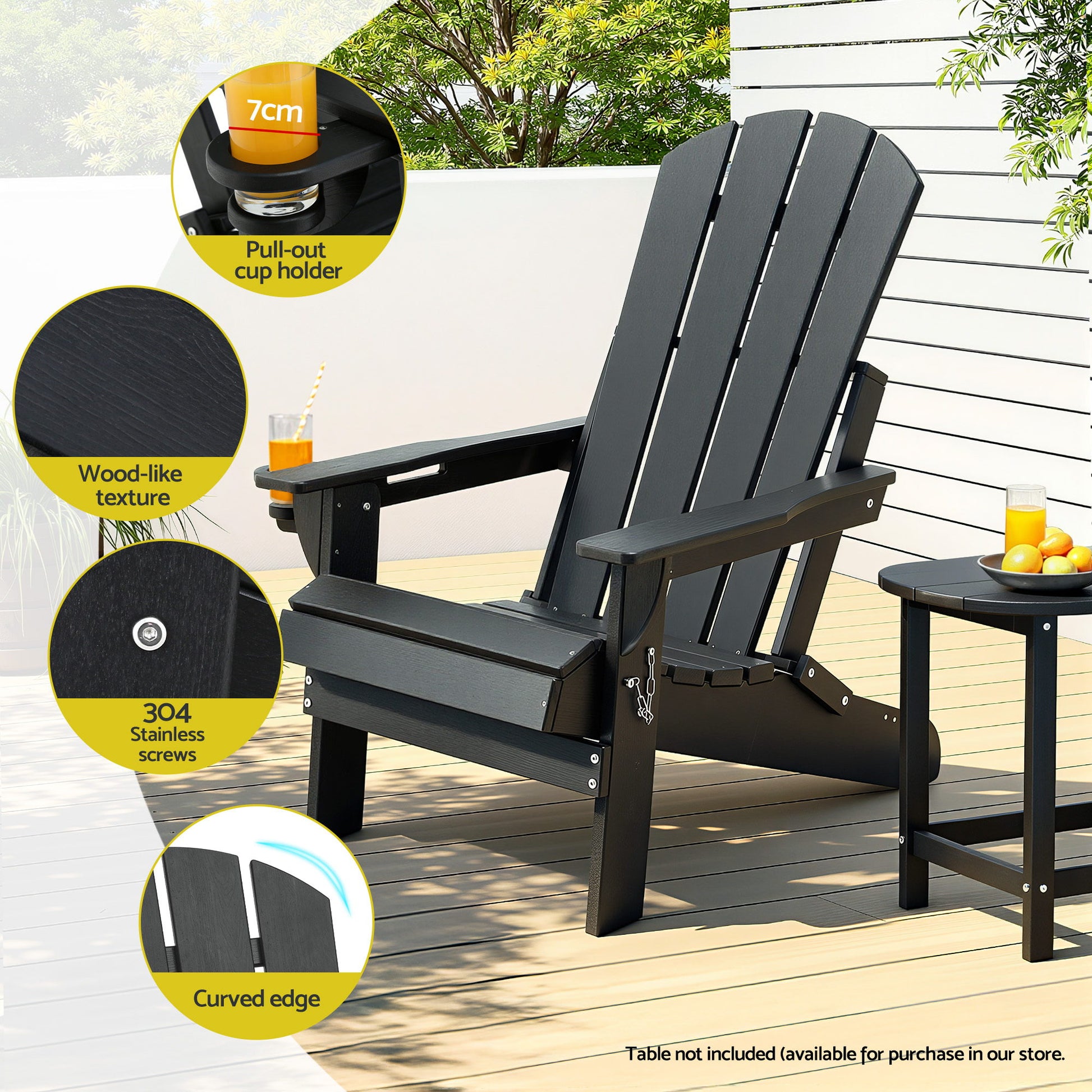Gardeon Outdoor Chairs Folding Adirondack Beach Chair HDPE Sun Lounge Patio Furniture Garden Black FF-BEACH-HEFD-BK