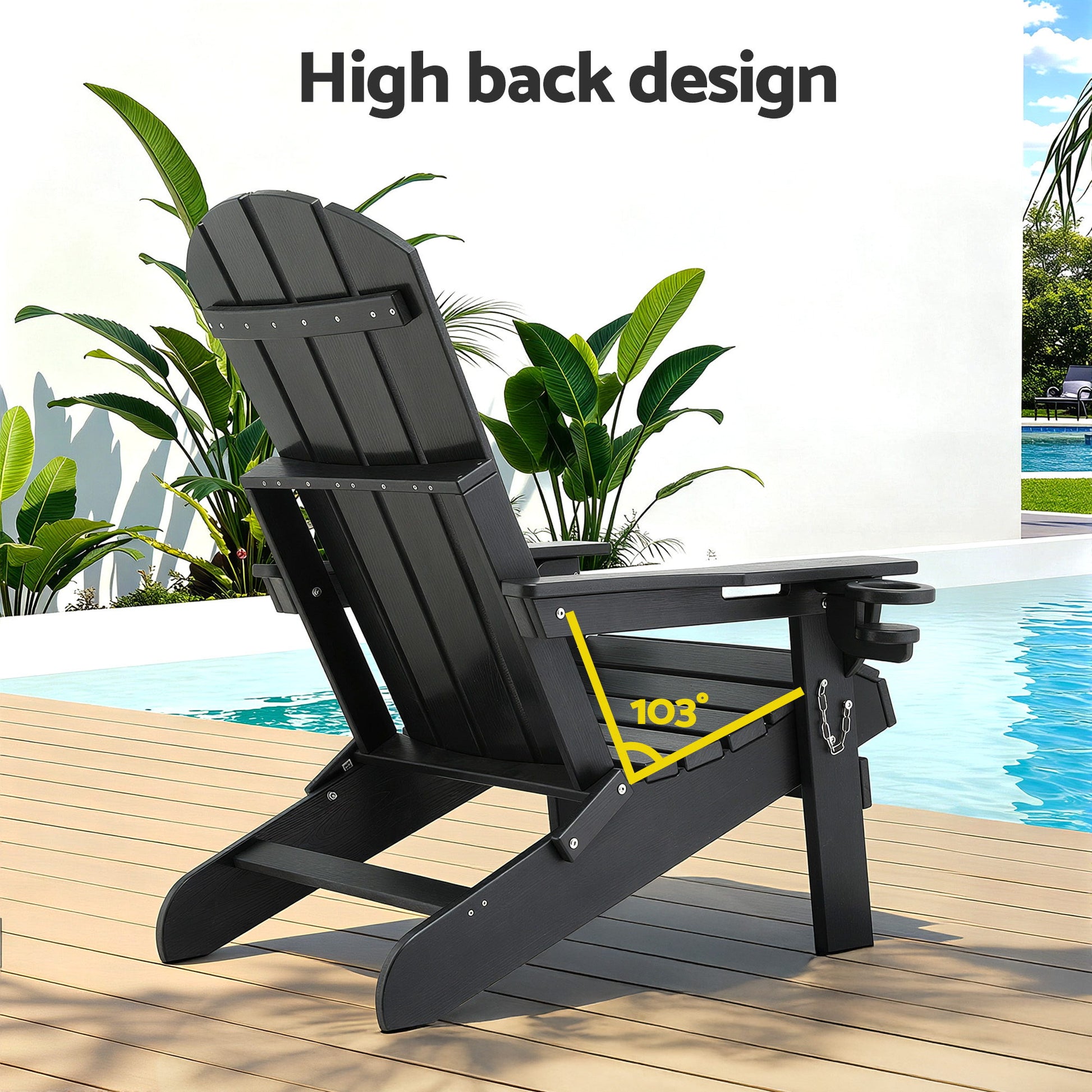Gardeon Outdoor Chairs Folding Adirondack Beach Chair HDPE Sun Lounge Patio Furniture Garden Black FF-BEACH-HEFD-BK